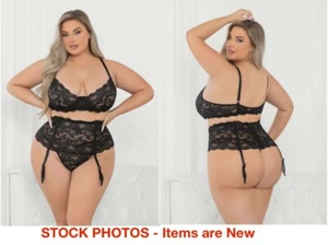 NEW Plus Queen Size 2X 22 SEXY BLACK Floral Lace Bra Corset Bra Thong Panty Set - Picture 1 of 3
