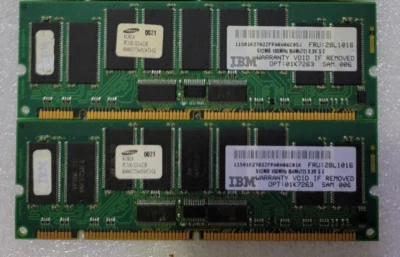 Lot of  2 IBM 28L1016 01K7263 01K2702 512MB 100MHZ 3.3V DIMM MEMORY MODULE = 1GB - Image 1 of 2