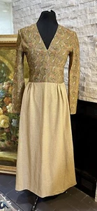 Vintage 60s/70s Iradecent Brocade Long Sparkling Gown Gold & Paisley V Neck Long - Picture 1 of 9