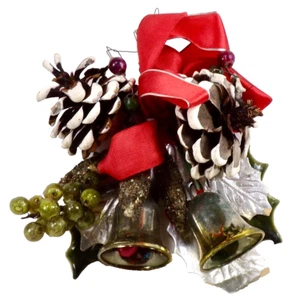 Christmas Corsage Silver Foil Leaf Bells Pine Cones Beads Red Ribbon VTG #864 - Picture 1 of 7