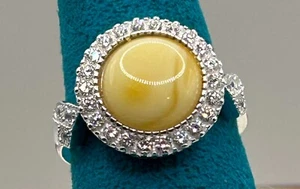 Butterscotch Amber and Crystal Round Ring in Sterling Silver (Adjustable) - Picture 1 of 4
