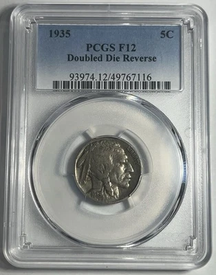 1935 DDR BUFFALO NICKEL DOUBLE DIE REVERSE GRADED PCGS F12 - Image 1 of 2