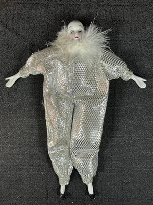 Vintage 10" Porcelain Black/Silver Cloth Clown Doll Harlequin Jester Mardi Gras - Image 1 of 4
