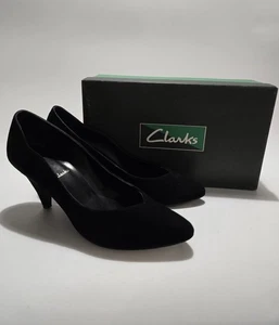 Clark’s Black Suede Court Shoes Heels UK Size 5 Made In England With Box - Picture 1 of 12