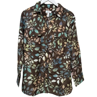 Denim & Co. Womens Top Medium Brown Leaf Print Button Up Shirt Long Sleeve NWOT - Image 1 of 4