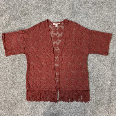 Forever 21 Kimono Plumero Mujer Pequeño Crochet Transparente Flecos Boho Festival Capa Foto 1 de 4