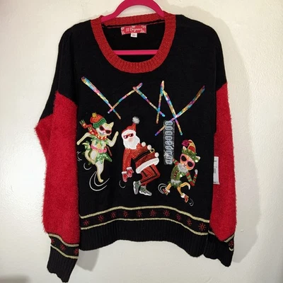 Suéter Feo Navidad 33 Grados XL Bailando Papá Noel y Gatos Difuso Bling Negro Rojo Foto 1 de 4