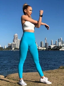 KACI  Womens Fitness Yoga Gym  LEGGINGS BLUE - Picture 1 of 3