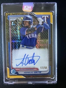 2024 Bowman Chrome 1st Abimelec Ortiz Yellow Refractor Auto /50 Texas Rangers RC - Picture 1 of 2