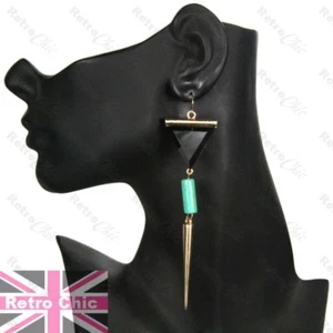 BIG 12cm Long GEOMETRIC Earrings BLACK TRIANGLE turquoise GOLD SPIKE DROPS aztec - Picture 1 of 5
