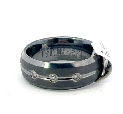 Anillo Triton 8 mm tungsteno 3 diamantes satinado acanalado centro pulido borde biselado banda Foto 1 de 4