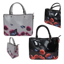 Women's Faux Leather Patent Poppy Butterflies Patterned Handbag Shoulder Bag UK