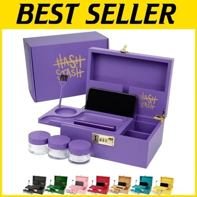 Elegant Large Bamboo Storage Box with Lock, Organizer Tray & 3 Jars in Purple... - Image 1 of 4