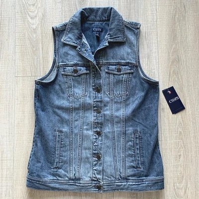 Chaps 牛仔背心蓝色牛仔裤棉领口袋休闲西方女式 M 码 — 第 1/4 张图片