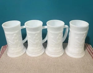 4 Vtg 50s FEDERAL Milk Glass 6" Beer Steins Embossed Tavern Scene MCM EUC - Picture 1 of 14