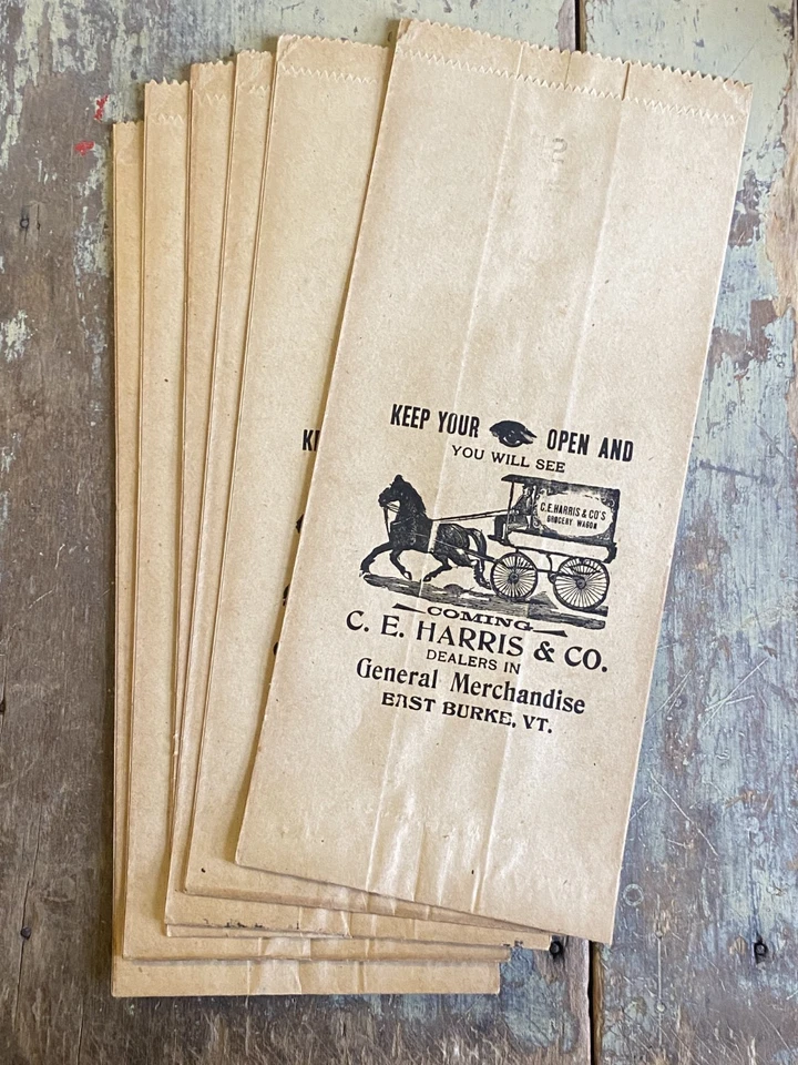 6 bolsas de papel antiguas/de colección de 1900 NOS tienda general, East Burke, VT caballo y vagón Foto 1 de 4