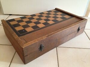 Ancienne grande boite en bois Jeu de Jacquet Backgammon dames pions en bois 2