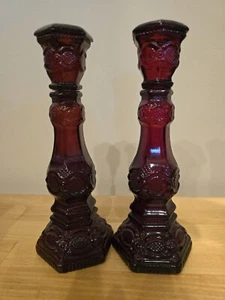 Pair Vintage Avon Cape Cod Ruby Red Glass Candle Holders 9” - Picture 1 of 5