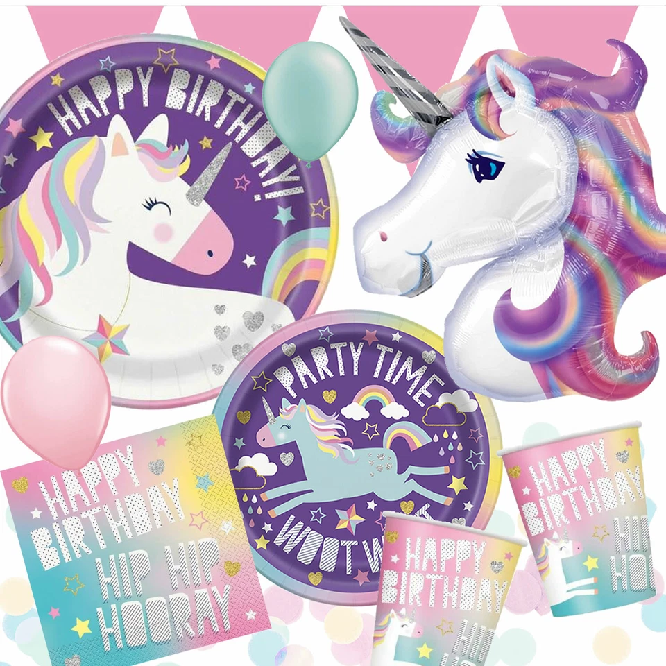 FRÖHLICHES EINHORN - Geschirr Deko Unicorn Party Mitgebsel Kinder Geburtstag Set - Bild 1 von 1