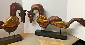 VINTAGE PAIR  WOOD CARVED PAINTED DRAGONS IN THE CLOUDS SCULPTURE , WOOD BASE - Picture 1 of 16