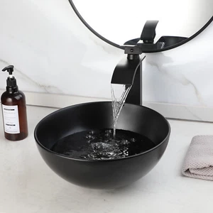 13" Small Bathroom Vessel Sink Black Round Ceramic Basin Bowl Combo Faucet Drain - Picture 1 of 46