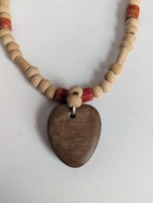Women's 17.5" Coral & Cream Total Beaded Necklace with Brown Wood Heart Pendant  - Image 1 of 4