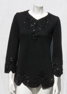 Vtg PALIO Women’s Black 100% Wool Beaded Holiday Sweater Tunic Top 10, fits S M - Picture 1 of 5