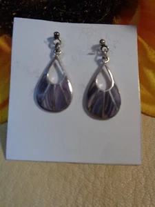 Handmade 1" Teardrop Shaped Sterling Purple Wampum Post Earrings - Picture 1 of 5