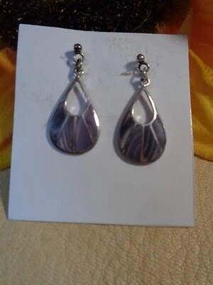 Handmade 1" Teardrop Shaped Sterling Purple Wampum Post Earrings - Image 1 of 4