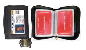 Black Genuine Leather Business Card Holder ID Pocket Organizer Zip Wallet  