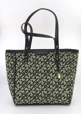 NWT Tommy Hilfiger Shopper Purse TH Geometric Pattern Black and Cream Colors - Image 1 of 4