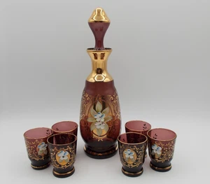 Juego de 7 vasos artísticos morados bohemios checos vintage - dorado/pintado a mano/aplicado - Imagen 1 de 4