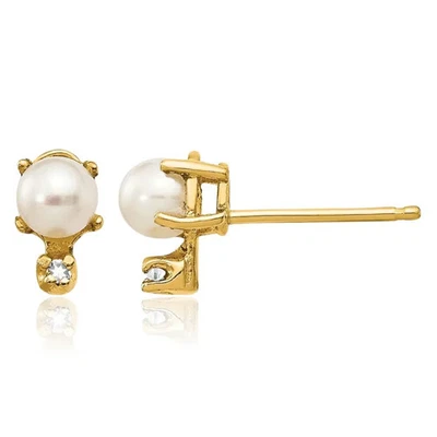14K Solid Yellow Gold Diamond Freshwater Cultured Pearl Stud Earrings - Image 1 of 4