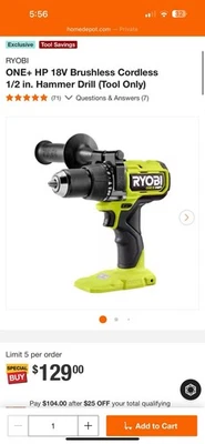 Ryobi PBLHM101B One 18V Brushless Hammer Drill - Image 1 of 3