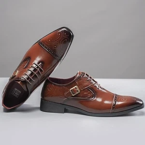 Men's Casual Business Dress Pointed Toe Brogue Carved Lace Up Faux Leather Shoes - Picture 1 of 11