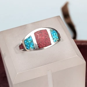 Sterling Silver Crushed Coral & Turquoise Inlay Ring Size 5.5 ~ 3.9g - Picture 1 of 7