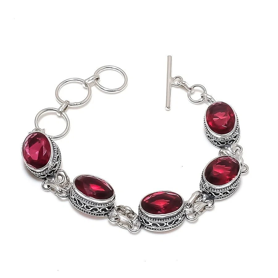 Brazalete de joyería de plata de ley 925 hecho a mano con piedras preciosas de rubelita rosa tamaño 7-8" Foto 1 de 1
