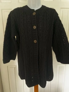 VTG Kilronan Knitwear -Women L -Cabled Fishermans Cardigan- Wool-Black- Ireland - Picture 1 of 13