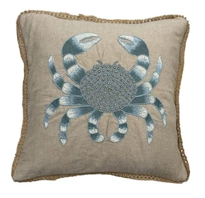 Coastal Embroidered Crab Pillow Cover 18"x18" Beige Blue Burlap Trim Zip Close - Picture 1 of 4