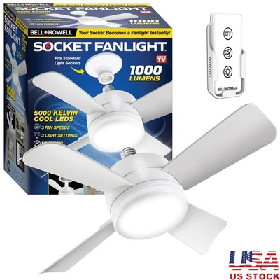 Luz de ventilador Socket Breeze control remoto 1000 lúmenes regulable 3 velocidades 4 aspas EE. UU. Foto 1 de 4