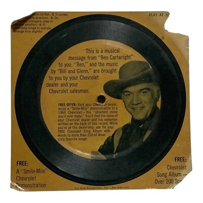 1964 Lorne Greene Bonanza Ben Cartwright Chevrolet 6” Flex-Disc 33 RPM Record EC Foto 1 de 4