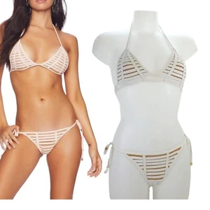 Beach Bunny Bikini Hard Summer Tie Side Skimpy Swimsuit White Nude Lined L XS - Picture 1 of 16