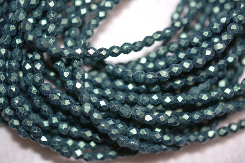 Czech Fire Polished 3mm round faceted glass beads - Metallic Suede Light Green - Image 1 of 1