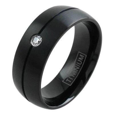 Black Titanium Men's 0.03 Carat CZ Grooved Center Wedding Band Ring Size 9-13  - Image 1 of 2