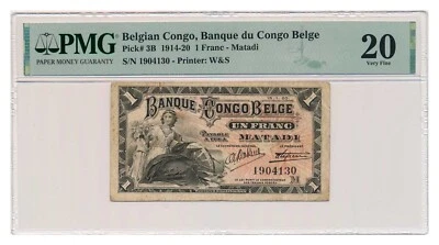 BELGIAN CONGO banknote 1 Franc 1920 Matadi PMG VF 20 Very Fine - Image 1 of 4