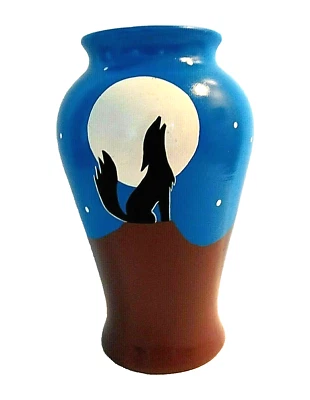 Jarrón de cerámica azul México de colección perro lobo aullador cactus firmado pintado a mano 9" Foto 1 de 4