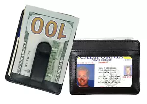 RFID Blocking Black Leather Men's Money Clip ID Badge Holder Wallet Flat Thin Fr - Picture 1 of 11