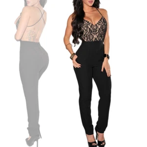 Tuta pizzo donna elegante jumpsuit nero overall party tute rompers discoteca - Foto 1 di 6