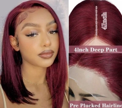 "Pelucas delanteras de encaje rectas 99J 13x4 cabello humano borgoña brasileña longitud 12""" Foto 1 de 4