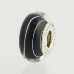 NEW Chamilia Bead Charm - O-165 Sterling Silver Black Swirl Murano Glass - Picture 1 of 7